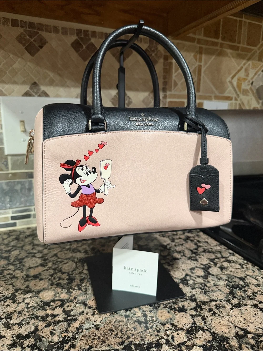 kate spade Pink and Black Minnie Mouse Leather Satchel with Heart Tag EUC